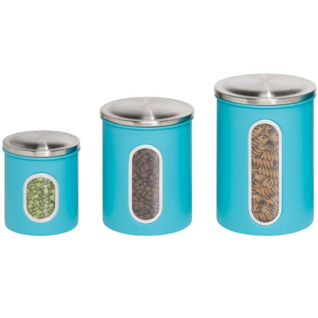 Honey-Can-Do KCH-01312 3-Piece Metal Nested Canister Set, Blue Chrome