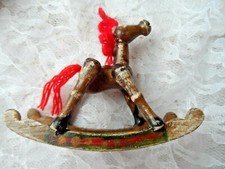 Vintage Christmas Ornament - WOOD ROCKING HORSE w/RED YARN TAIL  MANE