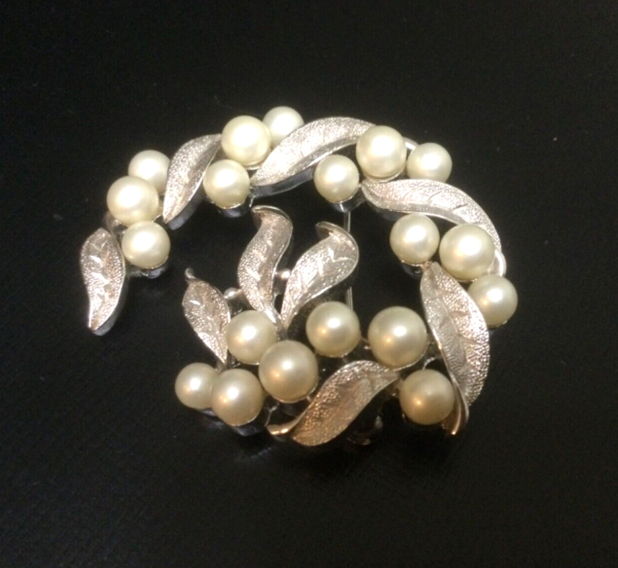 Trifari Brooch Brushed & Polished Swirling Leaves Faux Pearls Crown Mark Vintage