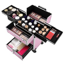 Rolling Makeup Case Artist Cosmetic Train Case Aluminum Makeup Trolley Pink