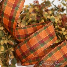 5 Yards Fall Autumn Orange Green Red Yellow Plaid Wired Ribbon 1 1/2"W