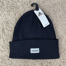 Adidas Women  s Fit Beanie 4  Cuff Fold Black White OSFM Ribbed Knit Cap NWT