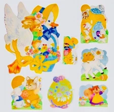 Vintage Easter Die Cuts Yellow Flocked Double Sided Set Of 7 Chicks Goose