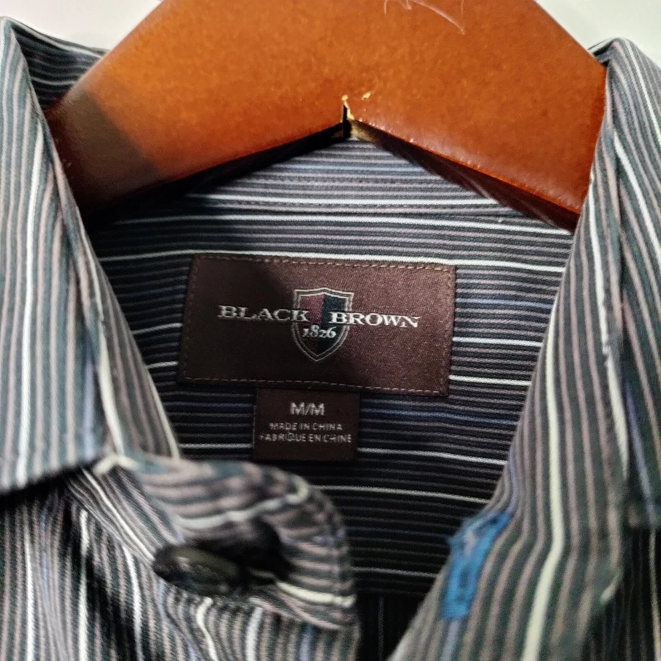 Black Brown 1826 Men M Black/Blue/White Stripe Long Sleeve Button Up Dress Shirt - Image 2 of 4
