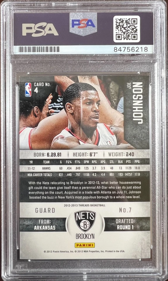Joe Johnson auto 2012 Panini Threads #4 card Atlanta Hawks PSA Encapsulated - Image 2 of 3