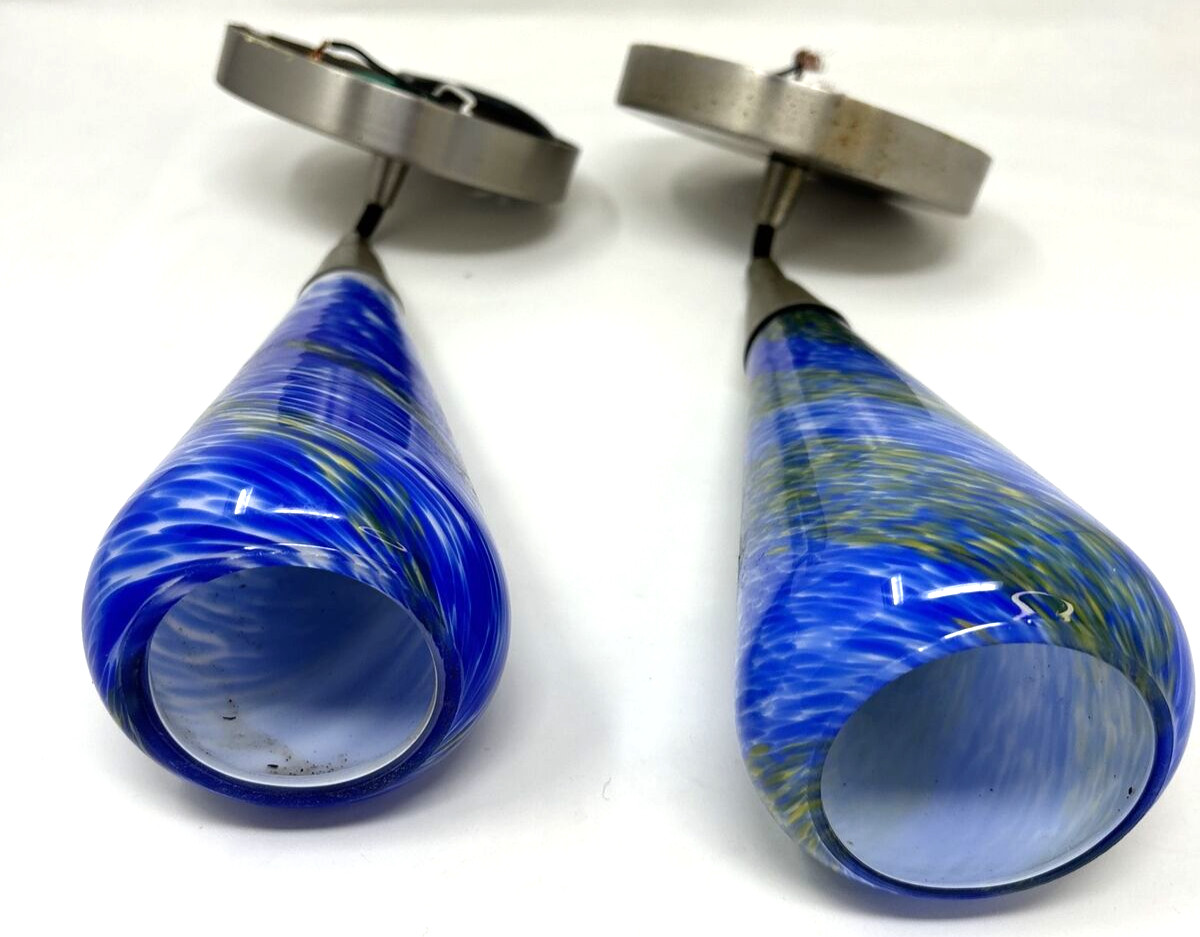 Lot of 2 Tech Lighting Blue/Amber Art Glass Wall Sconces w/Satin Nickel Plate