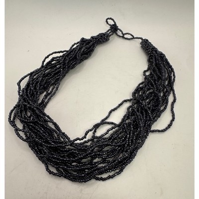 Vintage Multi Strand Black Seed Bead Statement Necklace Bib Style 20 Inch