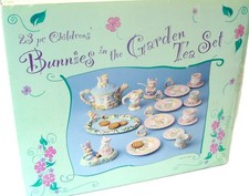 BUNNIES IN THE GARDEN HAND PAINTED 23 Pc CHILDRENS CERAMIC TEA SET By Mercuries