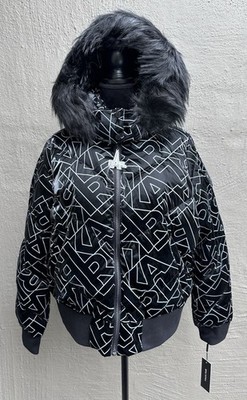 XL KARL LAGERFELD LOGO BLACK & WHITE CHEVRON PUFFER FUR HOODIE JACKET LWOMD746