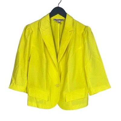 Unique Vintage Crop Single Button Lightweight Collar Blazer 16 W Neon Yellow