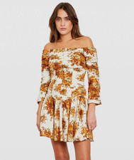 Floral Off Shoulder Mini Dress Ruched Linen Cream Rust Alemais AU 6