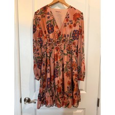 GUESS Floral Long Sleeve Mini Dress Boho Cottagecore Peach Orange W3BK0J Large