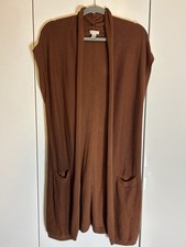 Chico's Travelers Long, Slinky Redwood Brown Knit Sleeveless Cardigan, Size 2