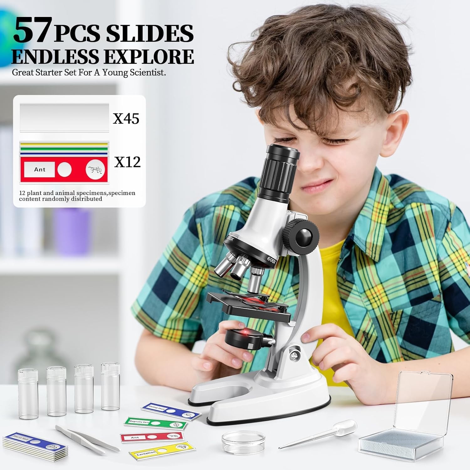 65 Pieces Microscope Kit for Kids Ages 5-7 8-13, 100X-1200X Magnification with 7