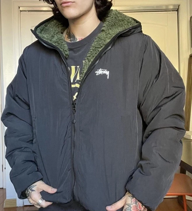 Двусторонняя флисовая толстовка с капюшоном Stüssy Sherpa зеленая - Изображение 3 из 3