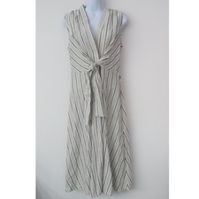 Tahari Linen Blend Midi Dress Size Small Stripe V Neck Coastal Nautical