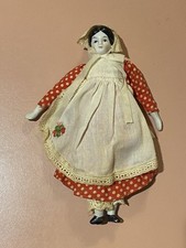 Vtg Doll Porcelain Head Hands Feet red dotted dress white hat apron bloomers