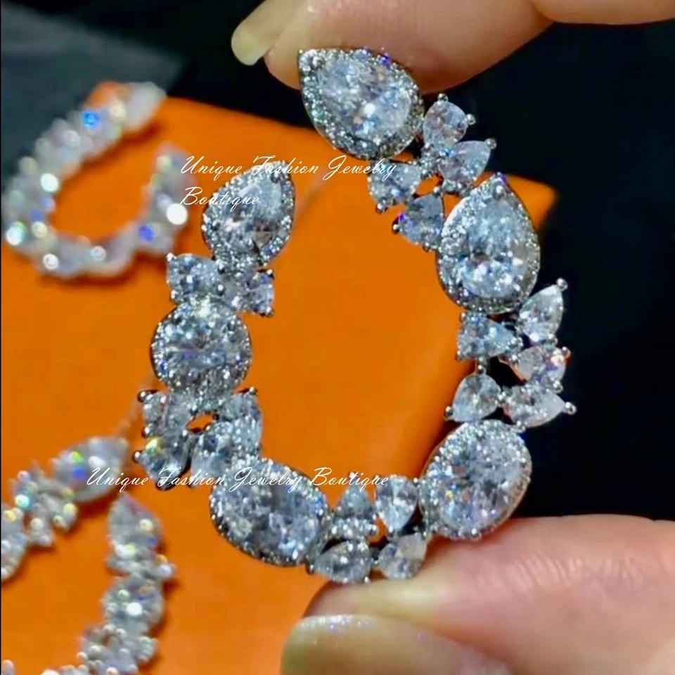 18k White Gold Plated Lab-Created Sapphire Necklace Earrings Bridal Jewelry Set - Image 2 of 4