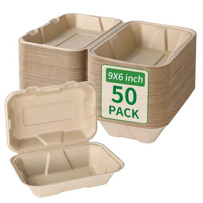Aricsen Compostable 50 Pack 9x6 Inch Takeout Lunch Box Containers with Lid T...