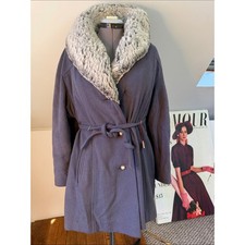 Women's Vintage 60s Coat Gray Faux-Fur Collar Wool blend size 16