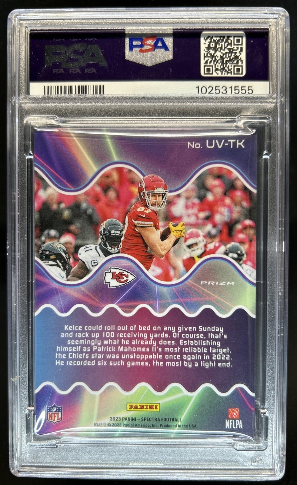 2023 Panini Spectra Travis Kelce Ultraviolet #UV-TK Chiefs PSA 9 view 2