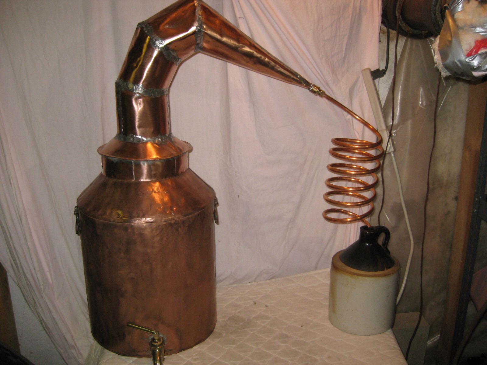 Antique LARGE Signed- WILLIAMS & POORE BOSTON -Copper Moonshine Still Coil+Jug !