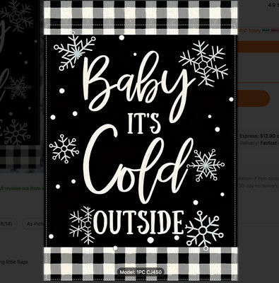 It's Cold Outside Garden Flag Winter Snowflake Theme, Blk/White Buffalo Plaid 