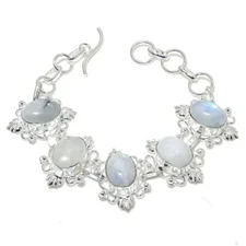 Rainbow Moonstone Gemstone Handmade 925 Sterling Silver Jewelry Bracelet Sz 7-8"