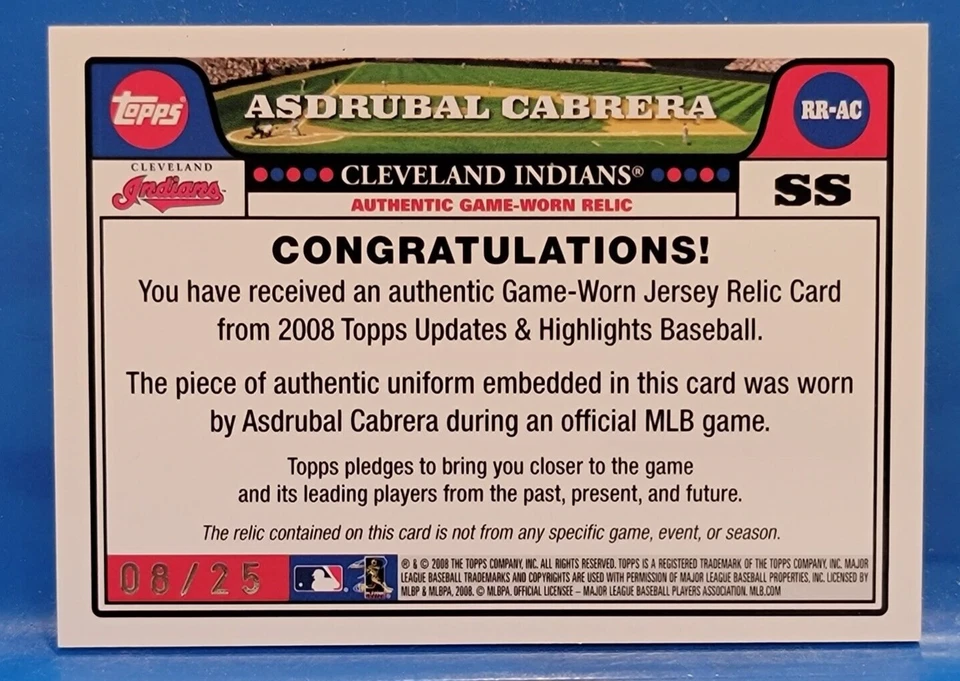 Asdrubal Cabrera, SS - Topps - Indians, 2008 - RR-AC, Authentic Game Worn Jersey - Image 2 of 2