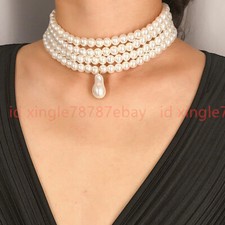 4 Rows 8mm White Shell Pearl Choker Baroque Pendant Necklace 16'' Not Pearl