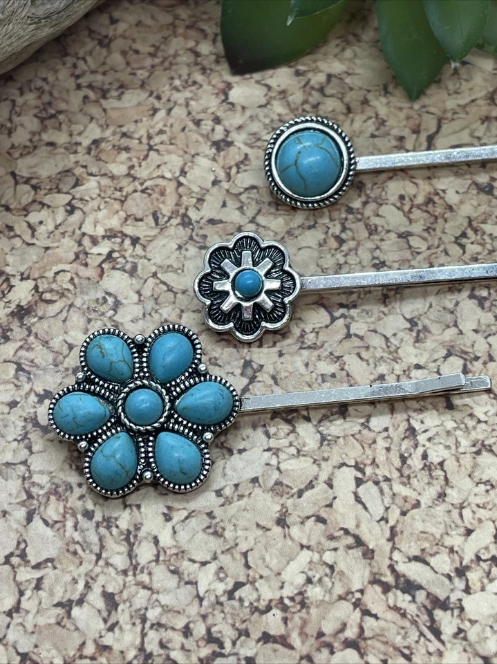 JUEGO 3 pinzas para el cabello plateadas del suroeste occidental turquesa AZUL REGRESO A LA ESCUELA Foto 3 de 4