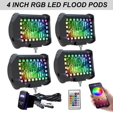 4INCH LED Pods Work Light BAR Multi-Color Chasing RGB Halo Strobe Offroad Fog