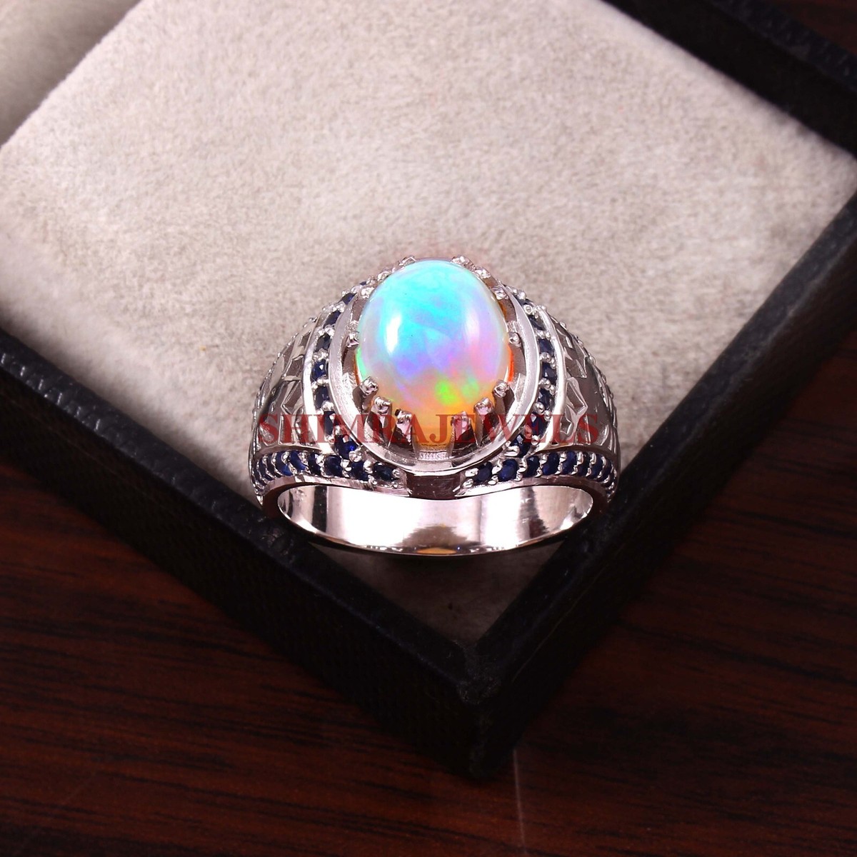 Natural Opal & Lab Create Sapphire Gemstone With 925 Sterling 