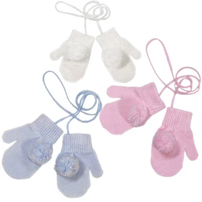 PESCI KIDS Baby String MITTS Mittens Gloves Knitted POM POM Pink Blue White