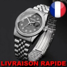 Montre Quartz Acier Inoxydable Calendrier Diamant Homme Bijoux Strass Qualité