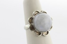 Vintage Sterling Silver Floral Bezel Large Round Moonstone Ring - Size 8