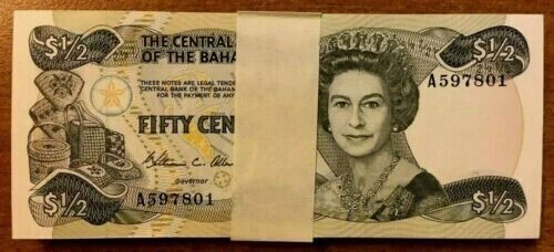 BAHAMAS ½ Dollar (50 CENTS) P-42 1984 x 10 Pcs Lot Pack Queen UNC Running # NOTE - Image 3 of 3