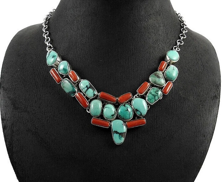 Collar llamativo vintage de plata de ley 925 con piedras preciosas de coral turquesa natural Foto 2 de 4