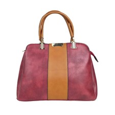 Ladies Red & Pink Handbag Brown Handles & Rectangular Panel Multi Compartment