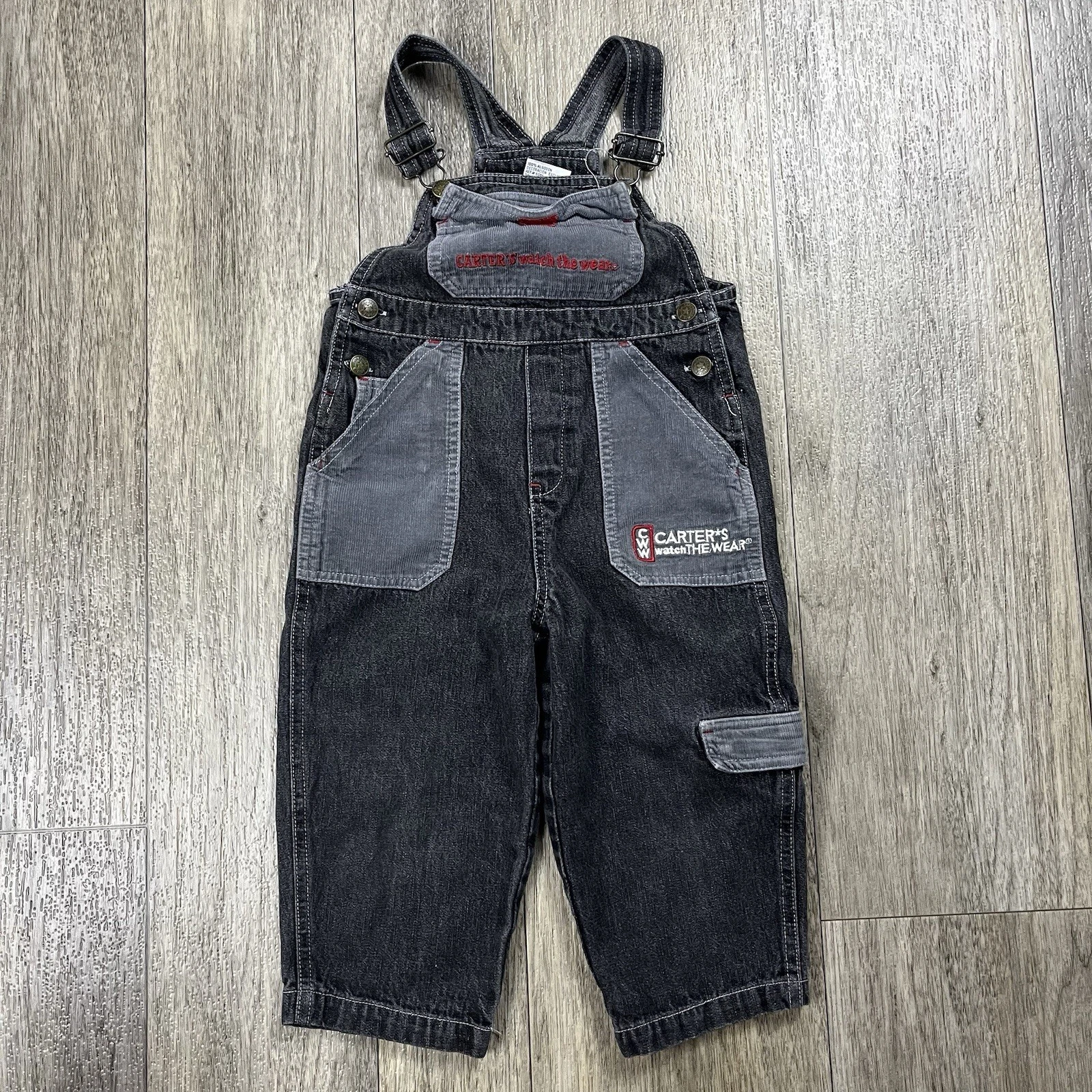 Vintage Carters Watch The Wear Overalls Size 2T Toddler Gray Patchwork Corduroy