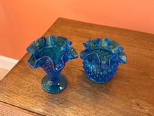 Fenton Blue Hobnail Ruffled Pedestal Vase Flared Rim x 2