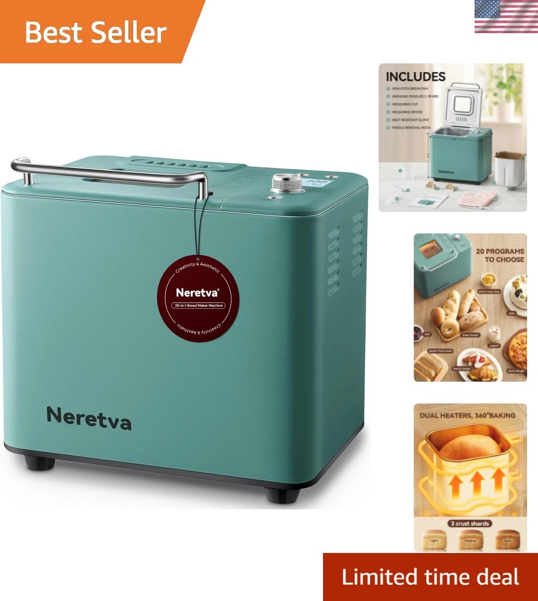 Eco-Friendly Bread Machine with Nonstick Ceramic & 550W Power for Fluffy Breads