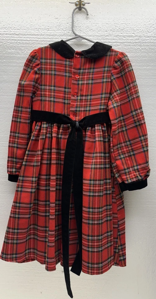 Vestido de vacaciones vintage Peaches 'N Cream para niñas talla 5 rojo negro terciopelo a cuadros Foto 2 de 4
