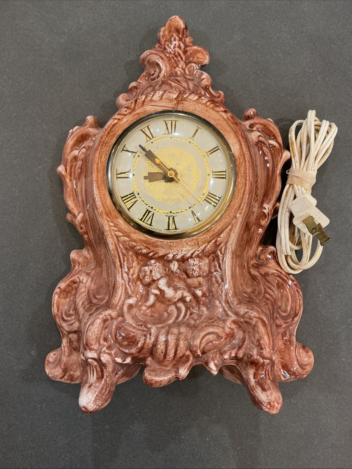 Vintage Mantel Electric Clock Movement by Lanshire Pink Porcelain Mold TESTED!