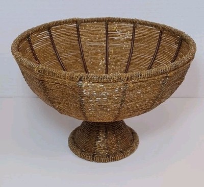 Handcrafted Vintage Gold Amber Beaded Wire Decorative Pedestal Bowl Boho Decor