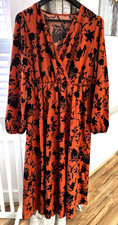 SHEIN Floral Printed Lantern Sleeve Dress, Large Thigh Opening, Amber Orange, XL