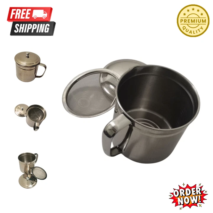 Stainless Steel Oil/Grease Filter with Lid & Fine Mesh Strainer Capacity 1.1L