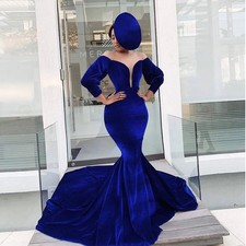Blue Long Sleeves Mermaid Velvet Evening Dresses V Neck Off Shoulder Prom Gowns