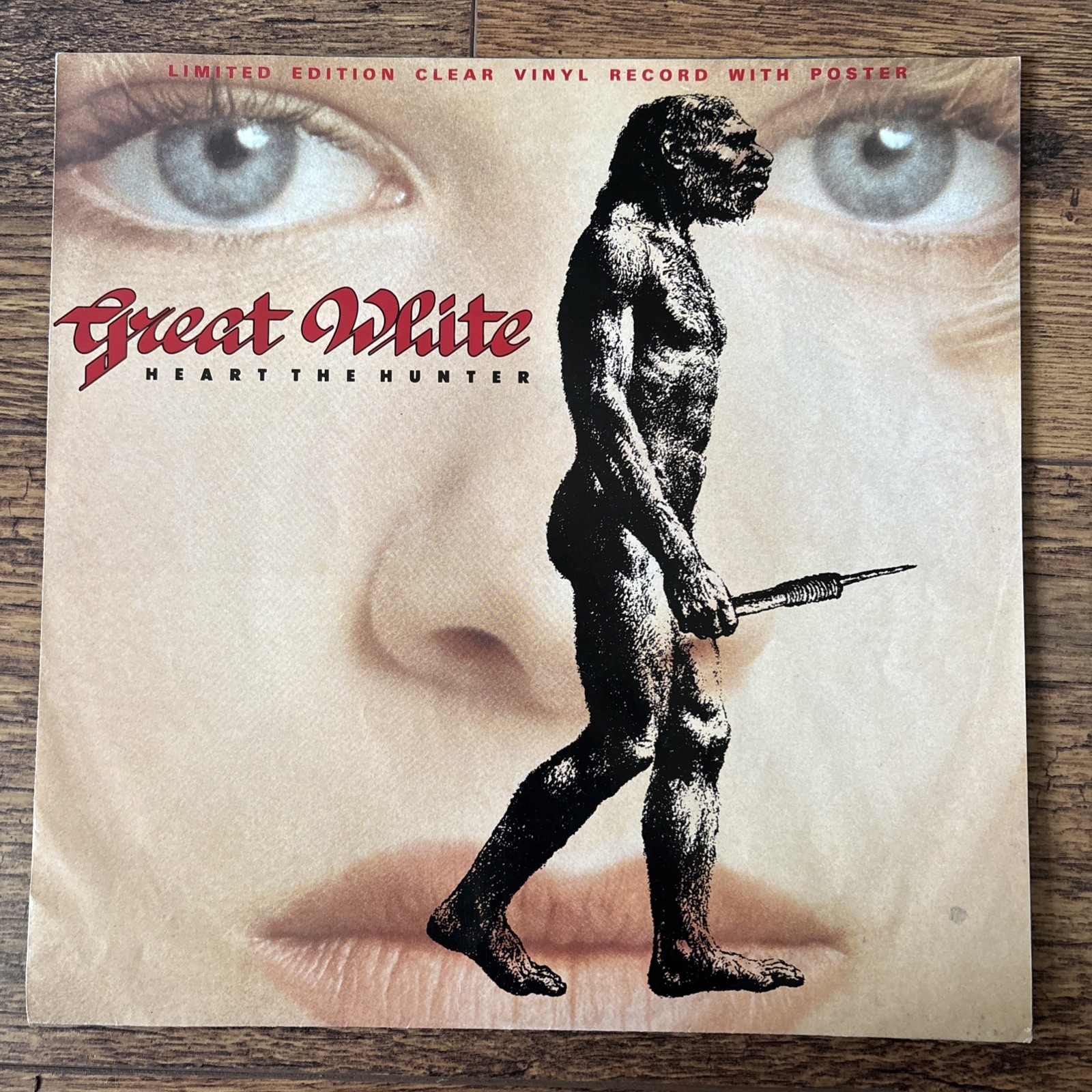 Great White - Heart The Hunter 12” EP Clear Vinyl Poster Bag VG+/VG+ 1989