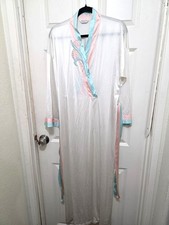 Vintage Vanity Fair White Satin Long Y2K 80s Victorian Robe Pastel Pink  Blue E